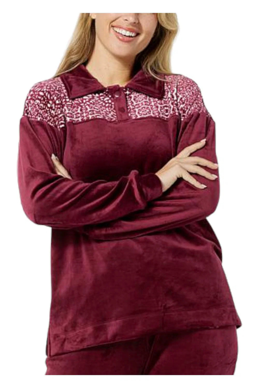 ComfortCode Plush Velour Knit Henley Polo Pullover Top Wine/Medallion - Regular